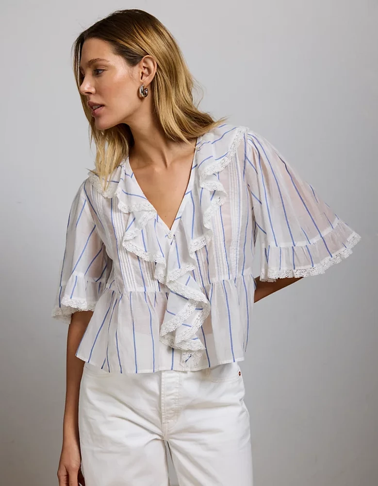 AE77 Premium Ruffle V-Neck Blouse