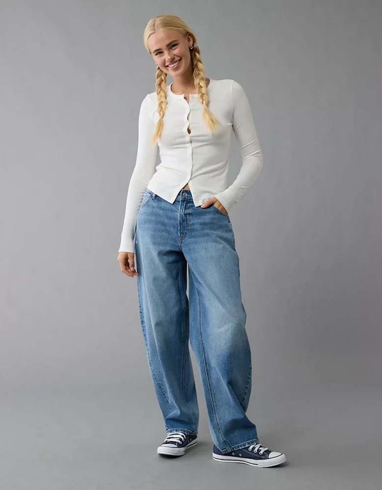 Jean coupe tonneau ample à taille basse extensible et rigide AE