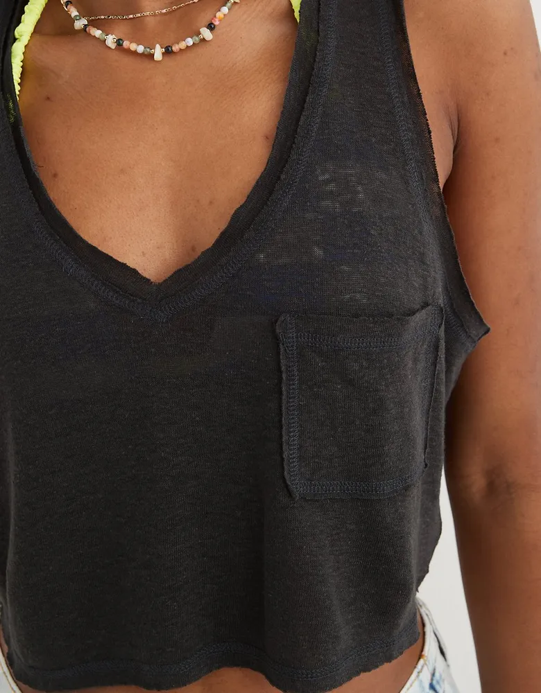 Aerie Breezy Linen V-Neck Pocket Tank Top