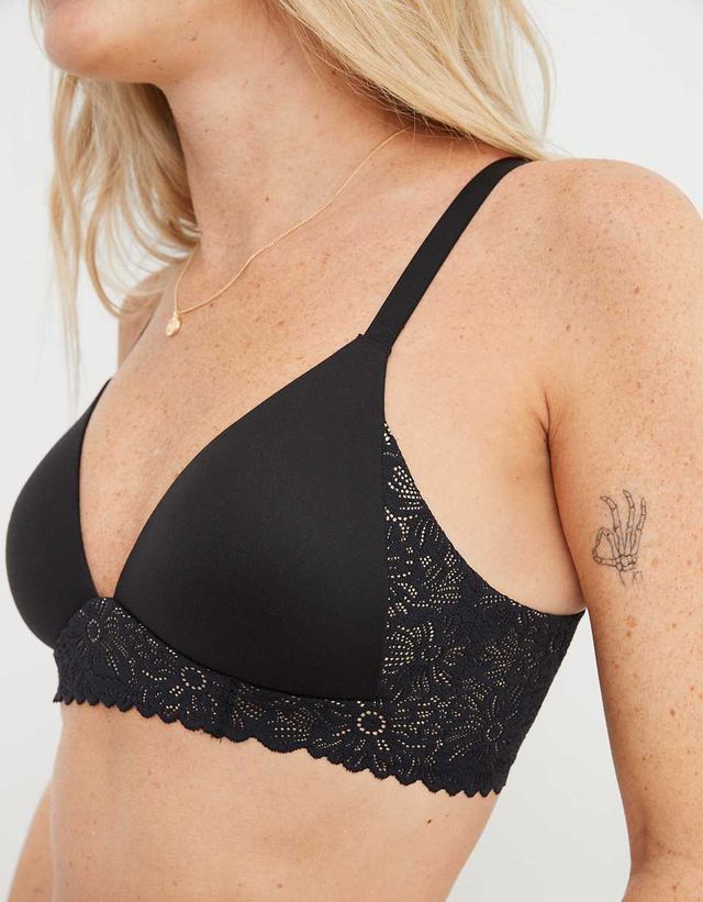 aerie, Intimates & Sleepwear, Aerie Womens Real Happy Wireless Lightly  Lined Retro Lace Bra In Black