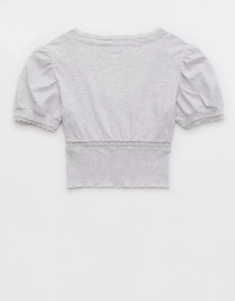 Aerie Cropped Lace Trim V-Neck T-Shirt