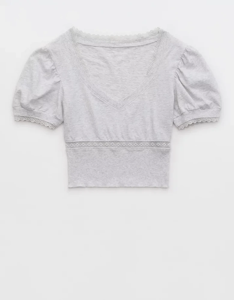 Aerie Cropped Lace Trim V-Neck T-Shirt