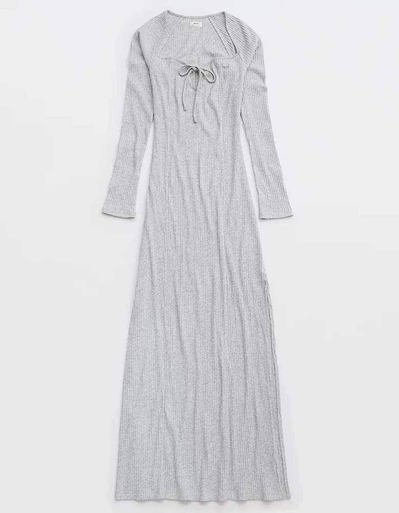 Aerie Long Sleeve Knit Tie Front Maxi Dress