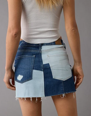 Minijupe en denim patchwork à taille haute extensible AE