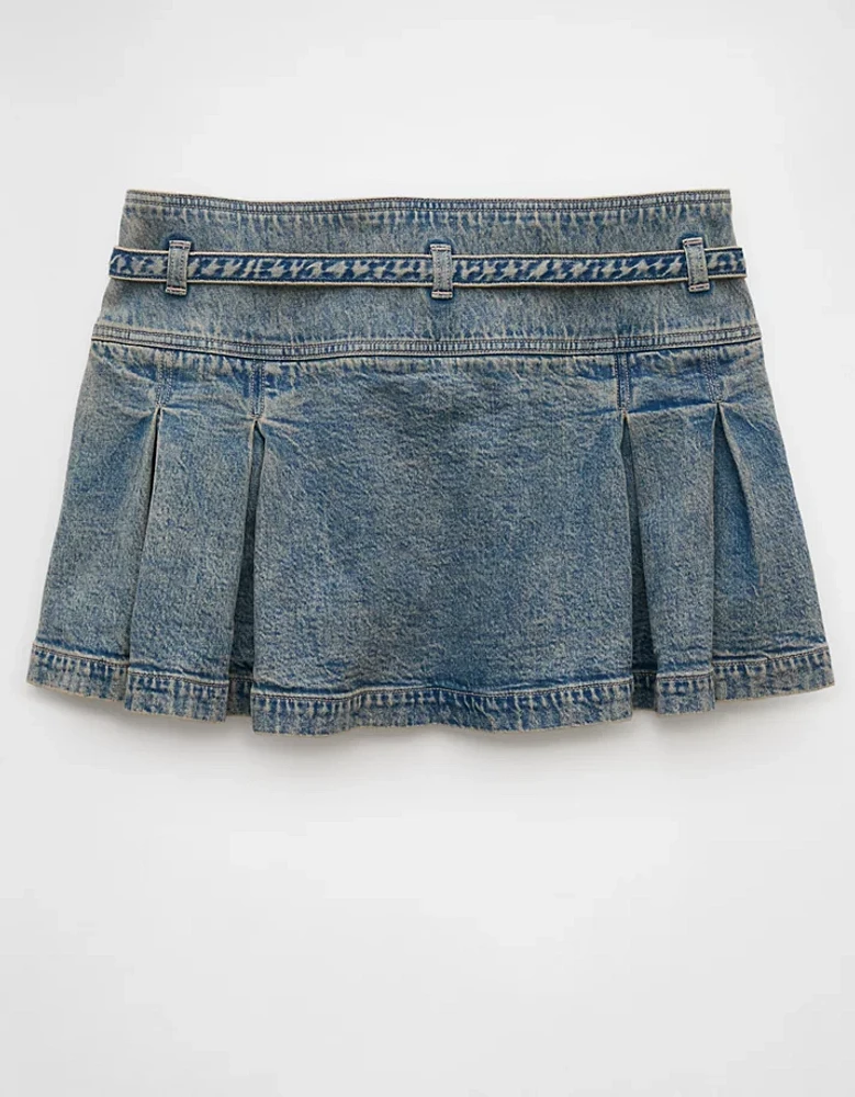 AE Stretch Low-Rise Belted Pleated Denim Mini Skirt