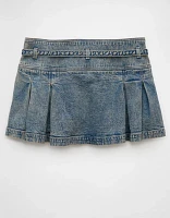 AE Stretch Low-Rise Belted Pleated Denim Mini Skirt