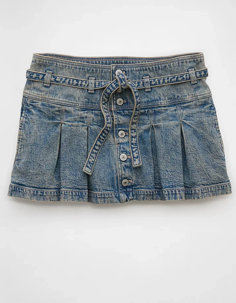 AE Stretch Low-Rise Belted Pleated Denim Mini Skirt