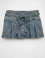 AE Stretch Low-Rise Belted Pleated Denim Mini Skirt