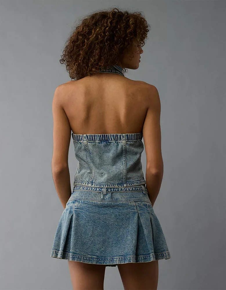 Minijupe en denim plissée avec ceinture à taille basse extensible AE