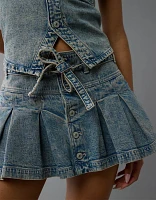 AE Stretch Low-Rise Belted Pleated Denim Mini Skirt