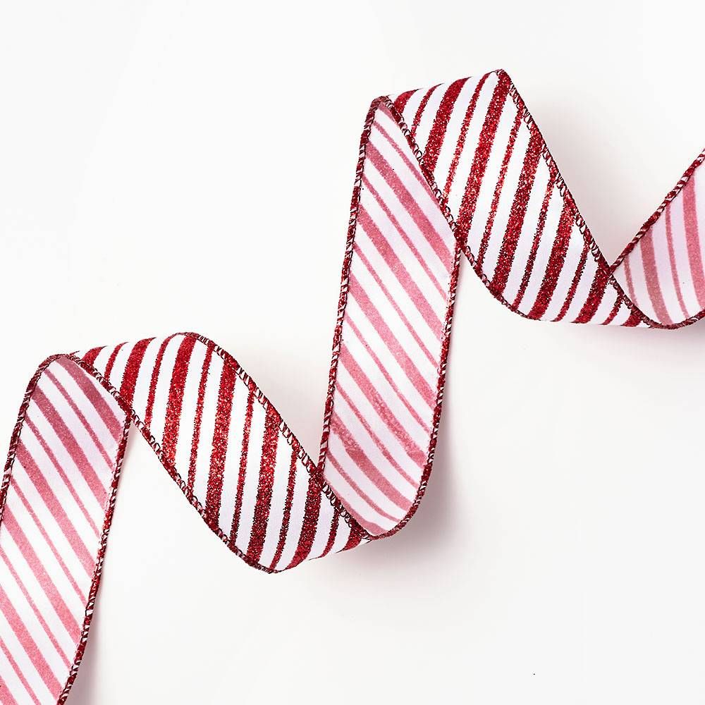 Glitter Horizontal Stripe Ribbon, Lt Grey/Red/White, Christmas, Wired  Ribbon, 1.