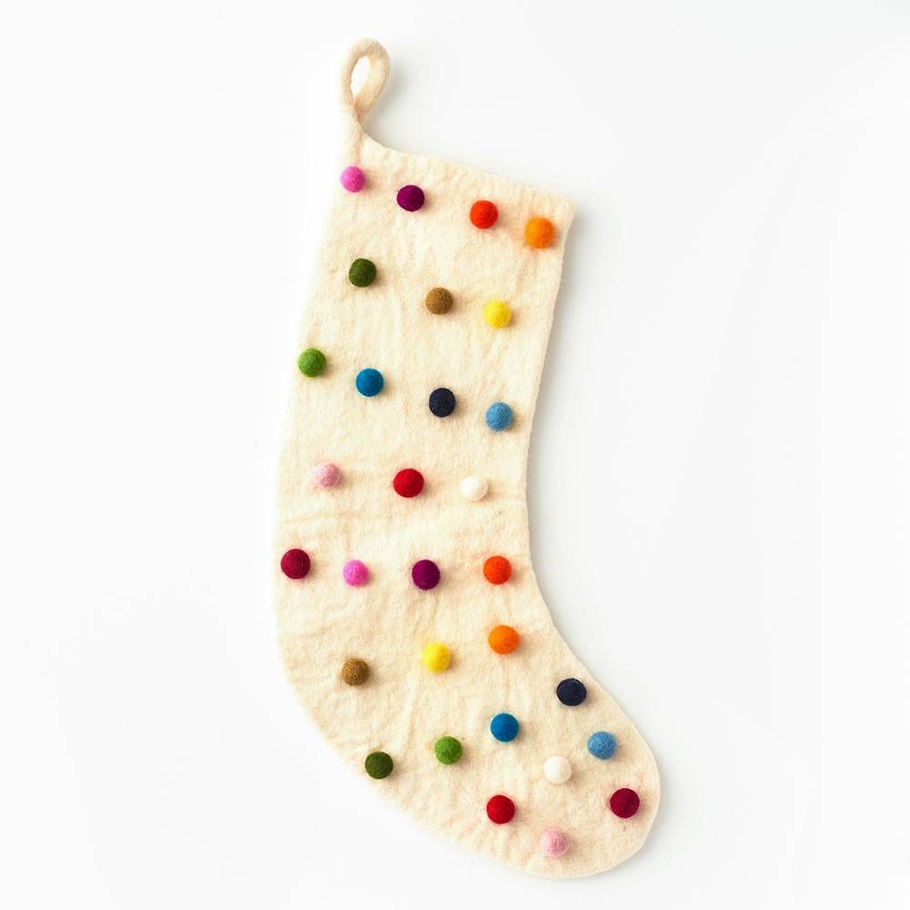 White Rainbow Pom Trim Stocking