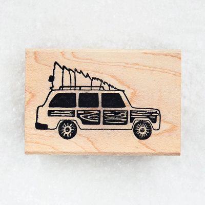 Vintage Car with Christmas Tree Stamp