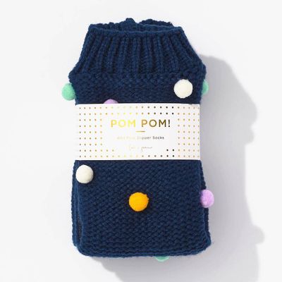 Navy Pom Slipper Socks