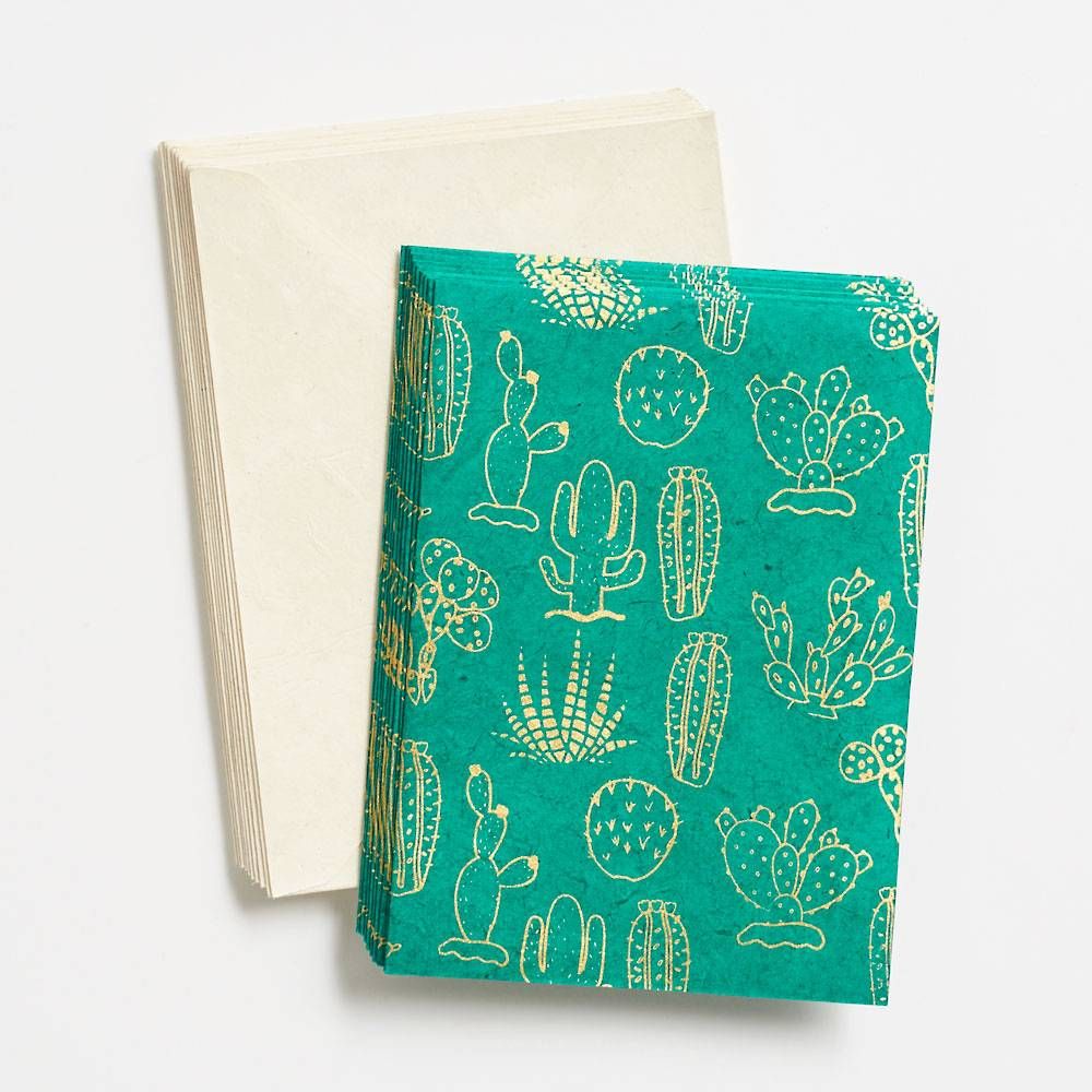 Gold Cactus on Sea Green Stationery Set