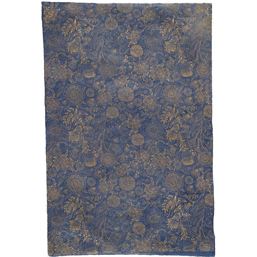 Art Decor Floral Gold on Blue Handmade Paper