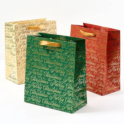 Merry Christmas Script Multicolor Medium Gift Bags Set