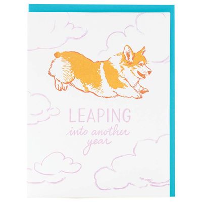 Leaping Into Another Year Corgi Birthday Card