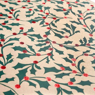 Glitter Holly on Kraft Wrapping Paper