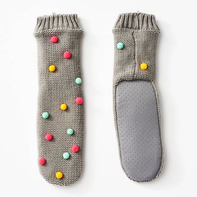 Grey Pom Slipper Socks