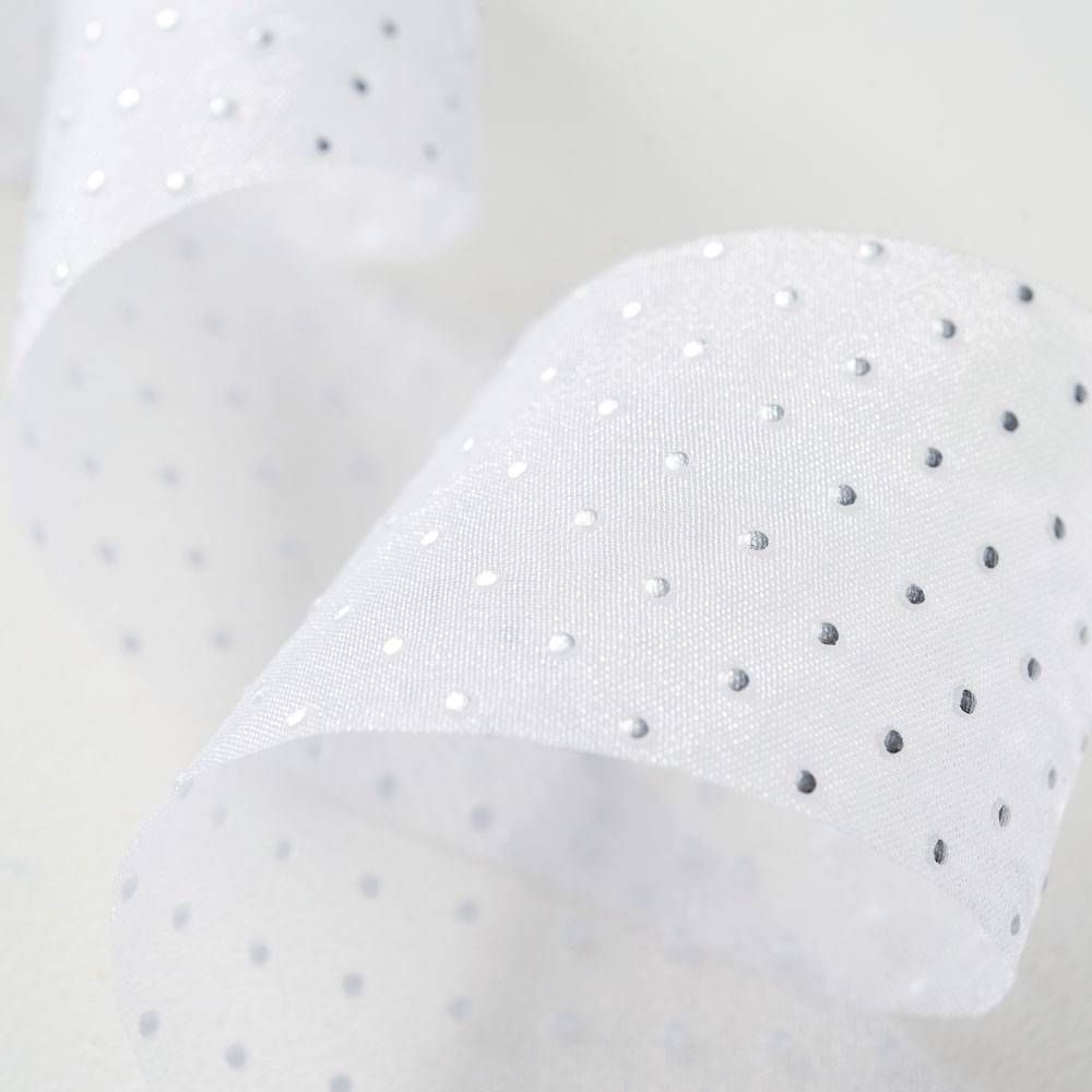 Silver Polka Dot on White Ribbon