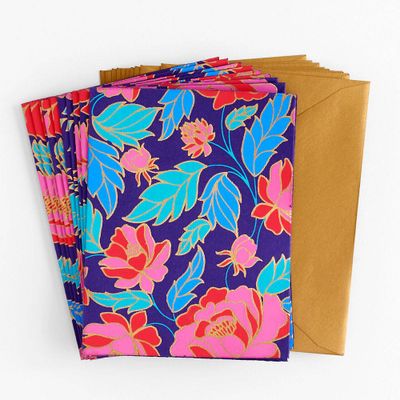 Red Floral on Plum Stationery Set
