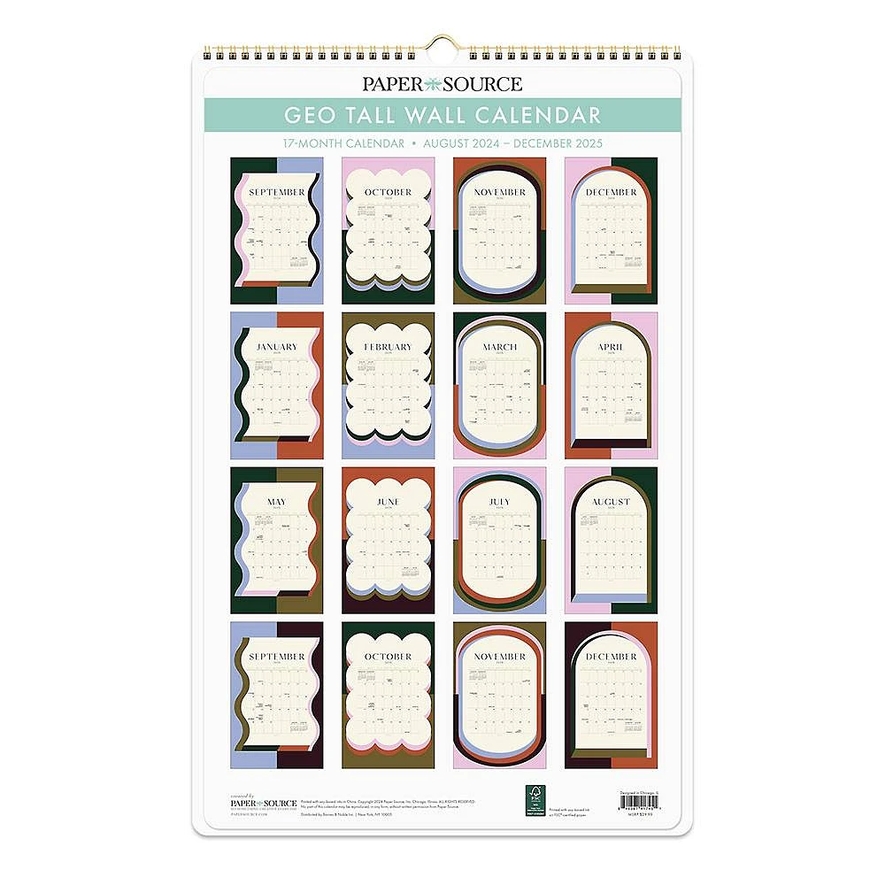 2024-2025 Paper Source Modern Tall Wall Calendar