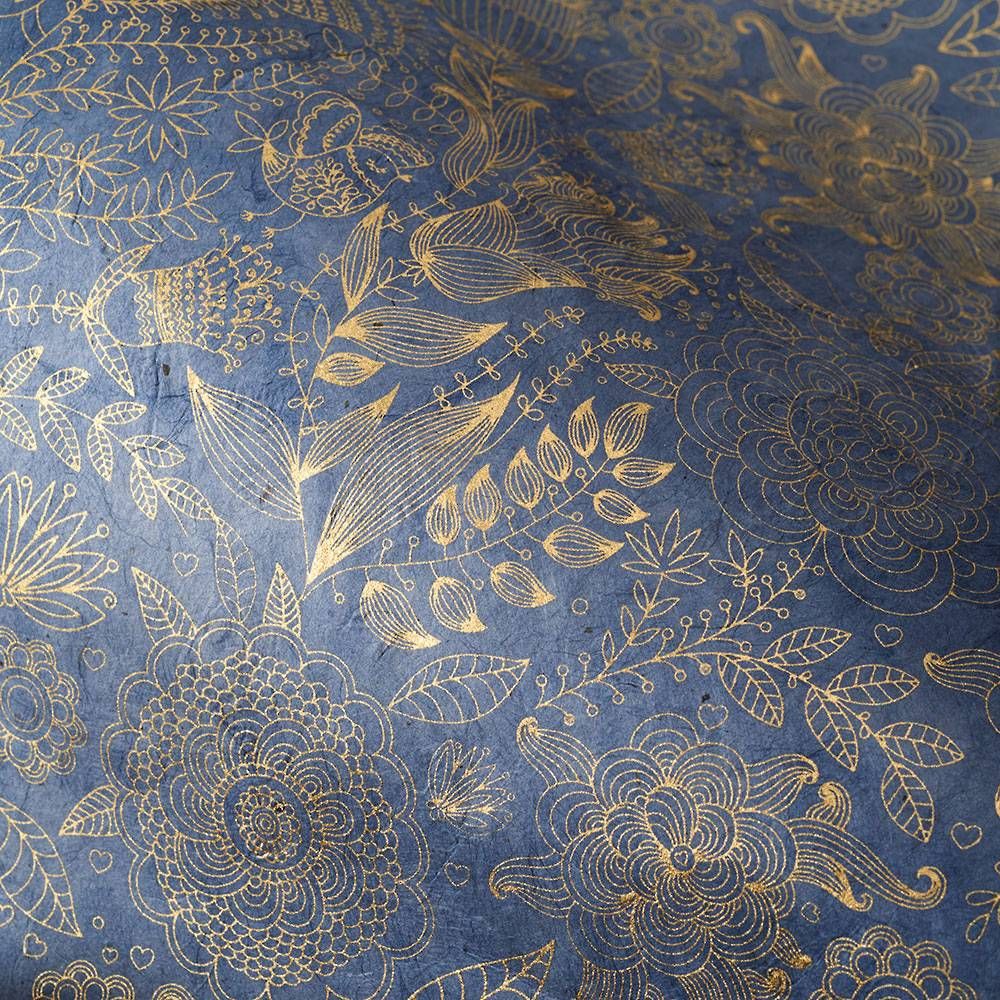 Art Decor Floral Gold on Blue Handmade Paper