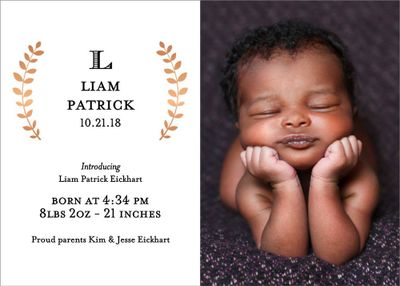 Foil Stamped Laurel Branch Horizontal Boy Birth Announcement