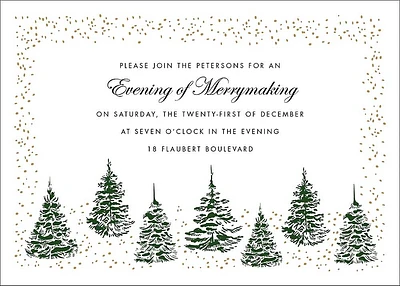 Snowy Winter Green Tree Border Holiday Party Invitation