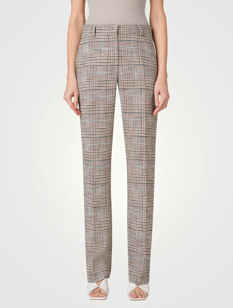 Stretch Straight-Leg Pants Check Print