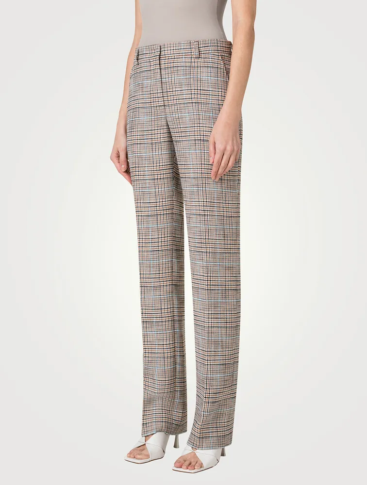 Stretch Straight-Leg Pants Check Print