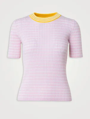 Wool Short-Sleeve Sweater Striped Print