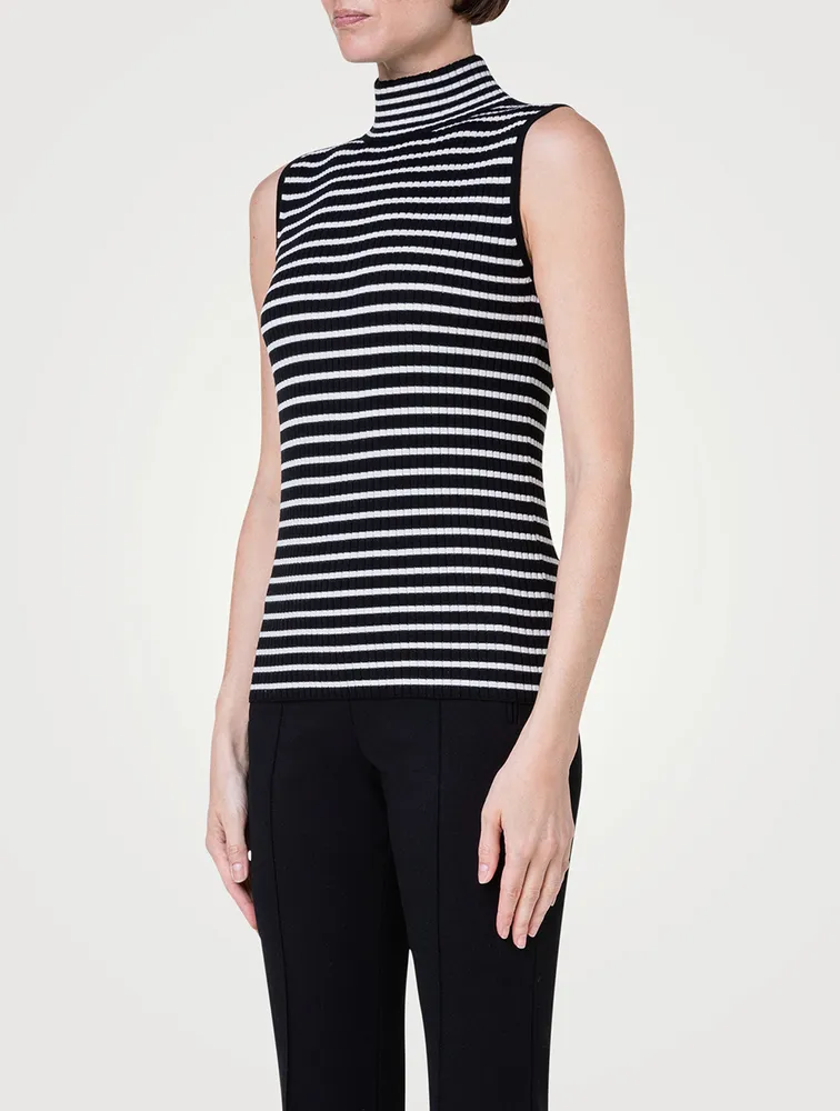 Wool Sleeveless Top Striped Print