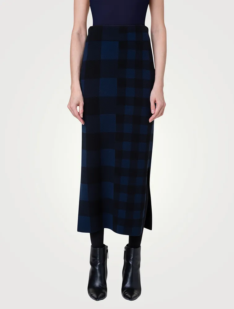 Merino Wool Gingham Jacquard Midi Skirt