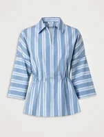 Drawstring Cotton Satin Shirt Stripe Print