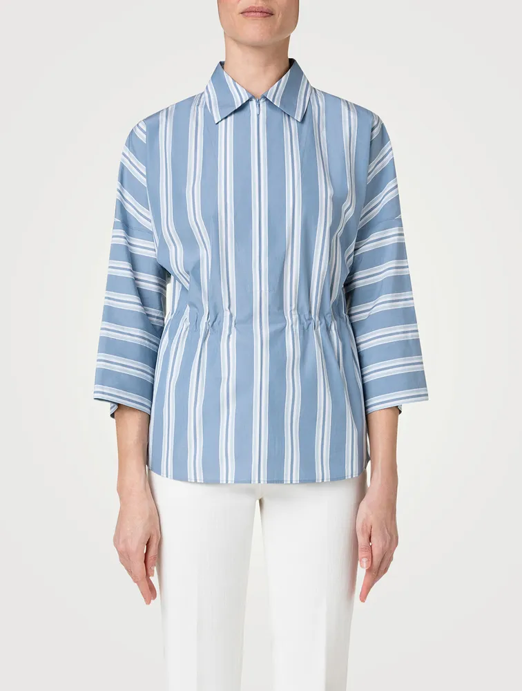 Drawstring Cotton Satin Shirt Stripe Print