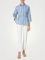 Drawstring Cotton Satin Shirt Stripe Print