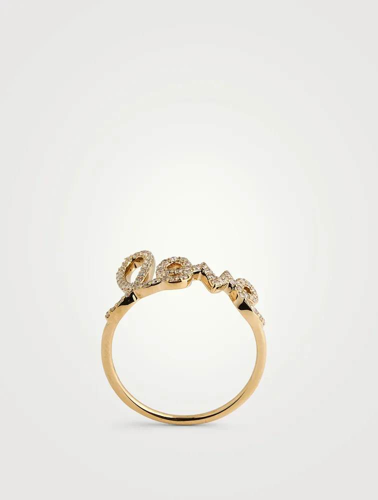 Large Love 14K Yellow Gold Ring With Diamonds