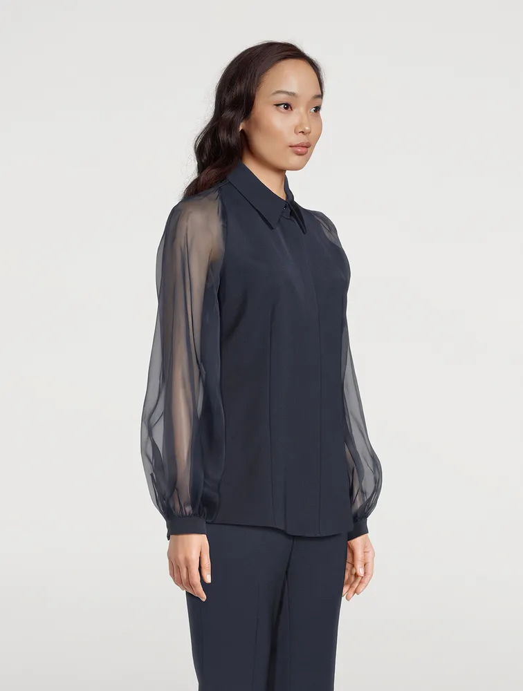 Silk Stretch Crêpe Blouse with Transparent Organza Sleeves