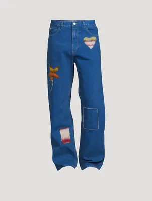 Coated Straight-Leg Jeans With Mohair Patches