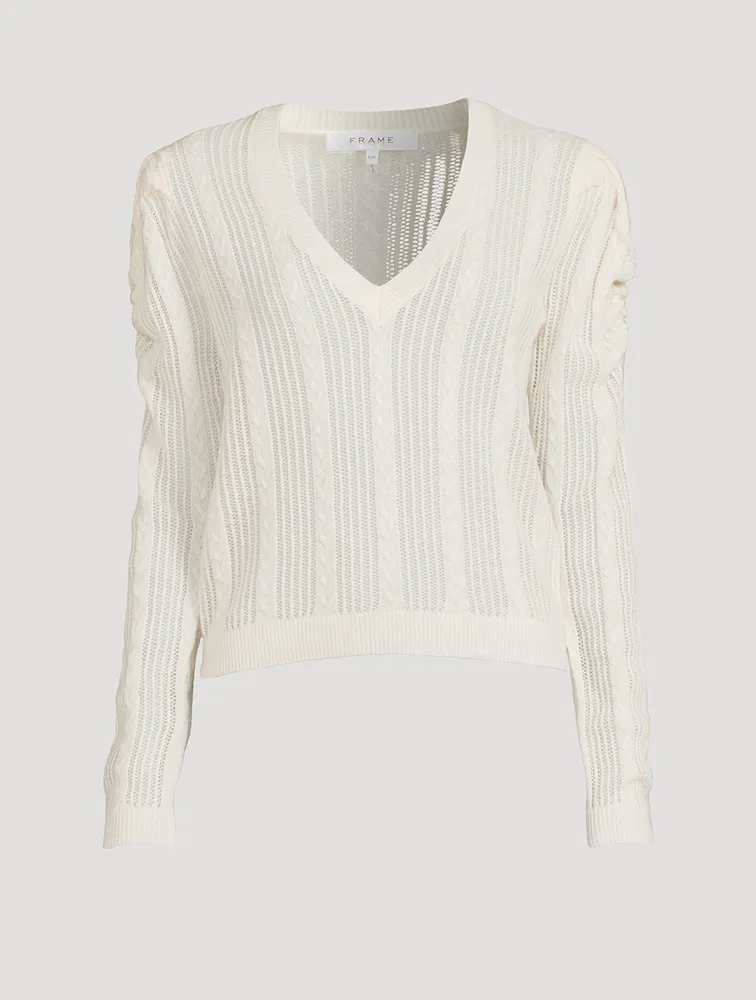 Cream Sweater Top - V-Neck Sweater - Pointelle Knit Sweater Top