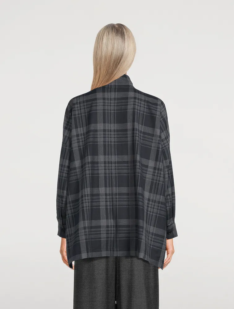 Double Stand Collar Shirt Check Print