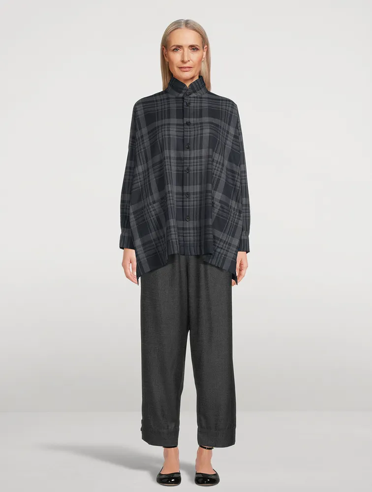 Double Stand Collar Shirt Check Print