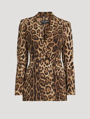 Stretch-Wool Double-Breasted Blazer Leopard Print