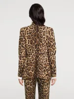 Stretch-Wool Double-Breasted Blazer Leopard Print