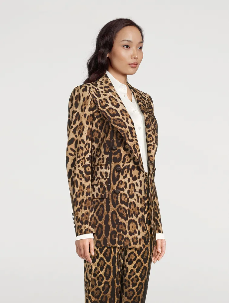 Stretch-Wool Double-Breasted Blazer Leopard Print