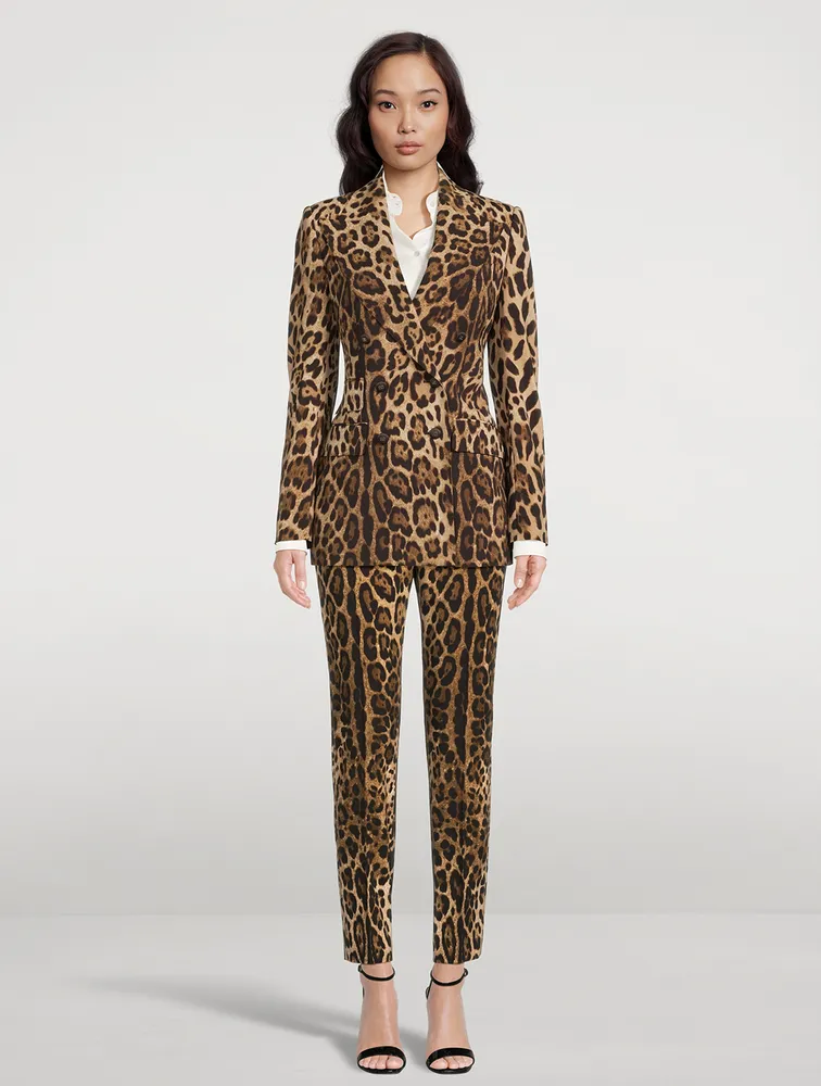 Stretch-Wool Double-Breasted Blazer Leopard Print