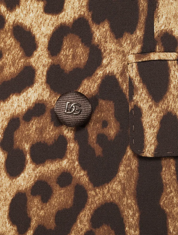 Stretch-Wool Double-Breasted Blazer Leopard Print