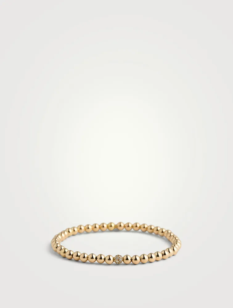 14K Gold Beaded Bracelet With Pavé Diamond Bead